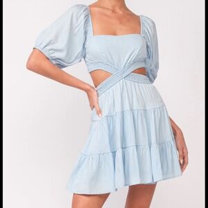 Puff Sleeve Cutout Mini Dress Size M Blue